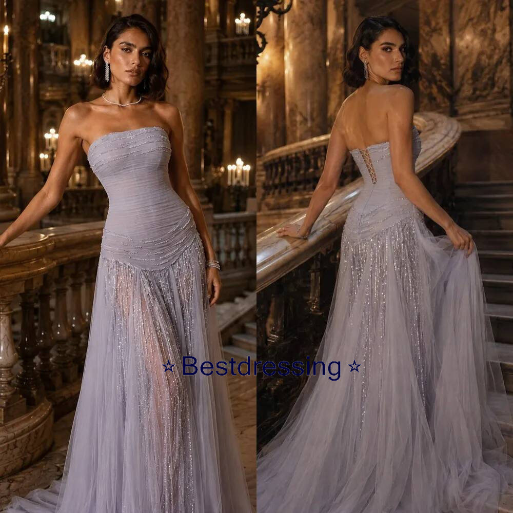 Gorgeous Strapless Prom Dresses Sequins Beading Sweep Train Sheath Evening Gowns Women Formal Party Gala Dress Customized Bd017