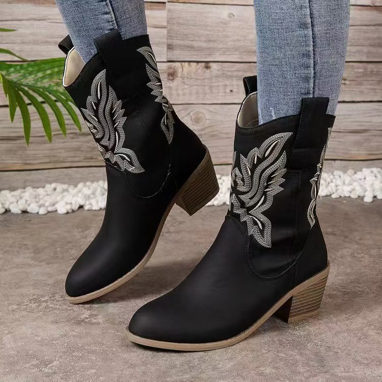 Women Western Cowboy Boots Embroidered Pattern Pointed Toe Mid Calf Chunky Block Heel Retro Riding Boots