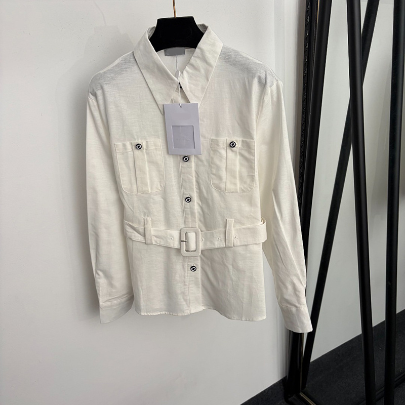 Luxury Women Elegant Blouse Double Chest Pockets Waist Belt Shirt Spring Autumn Casual Date Party Dinner Blouses