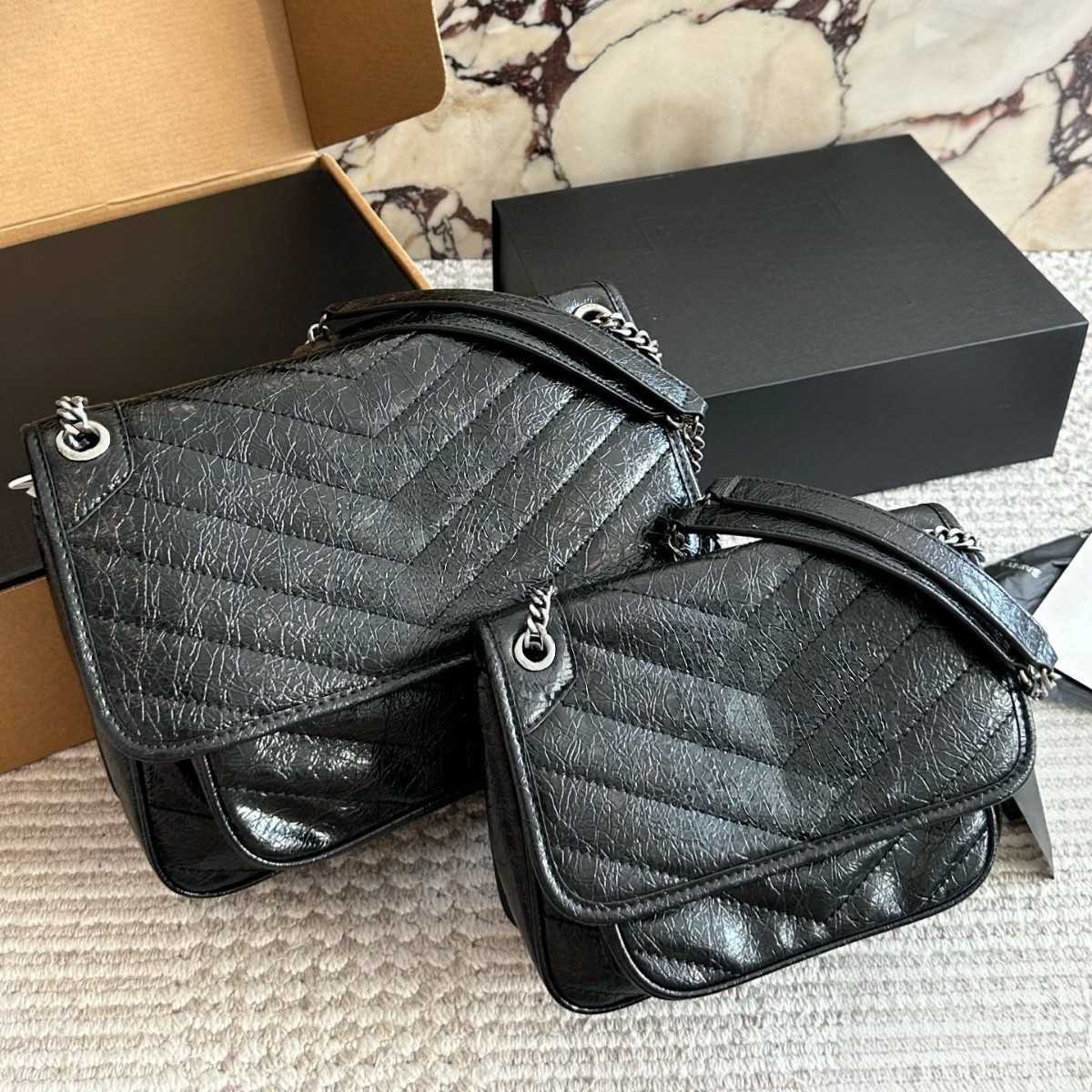 Designer Womens Black Crinkled Leather Chain Bag Chevron Quilted Flap Shoulder Crossbody Luxury Purse