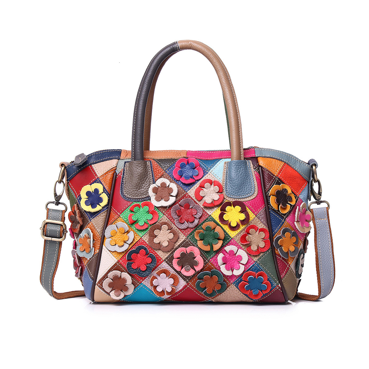 Genuine Leather Bag European American Casual Ethnic Style Vintage Colorful Handmade Floral Shoulder And Crossbody Women S Handbag KABAHEBINGJUE