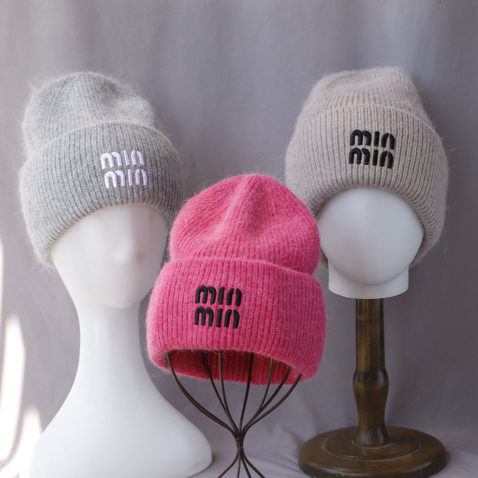 new Hot Selling Real Rabbit Fur Winter with letter For Fashion Warm Beanie Hats Women Solid Adult Cover Head Cap J260511