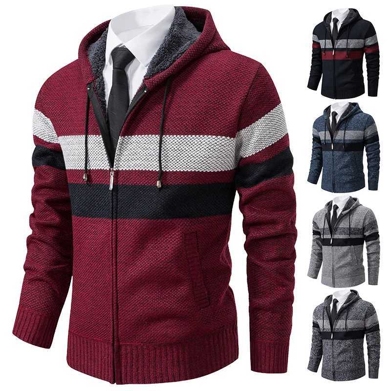 Winter 2023 New Autumn and Striped Hooded Sweater Men's Coat with Velvet Padded Warm Knit Cardigan M261016