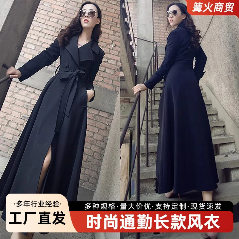 Women's Korean Slim Belt Black Formal Trench Coat Leisure Long Windbreaker Female Outwear 260929