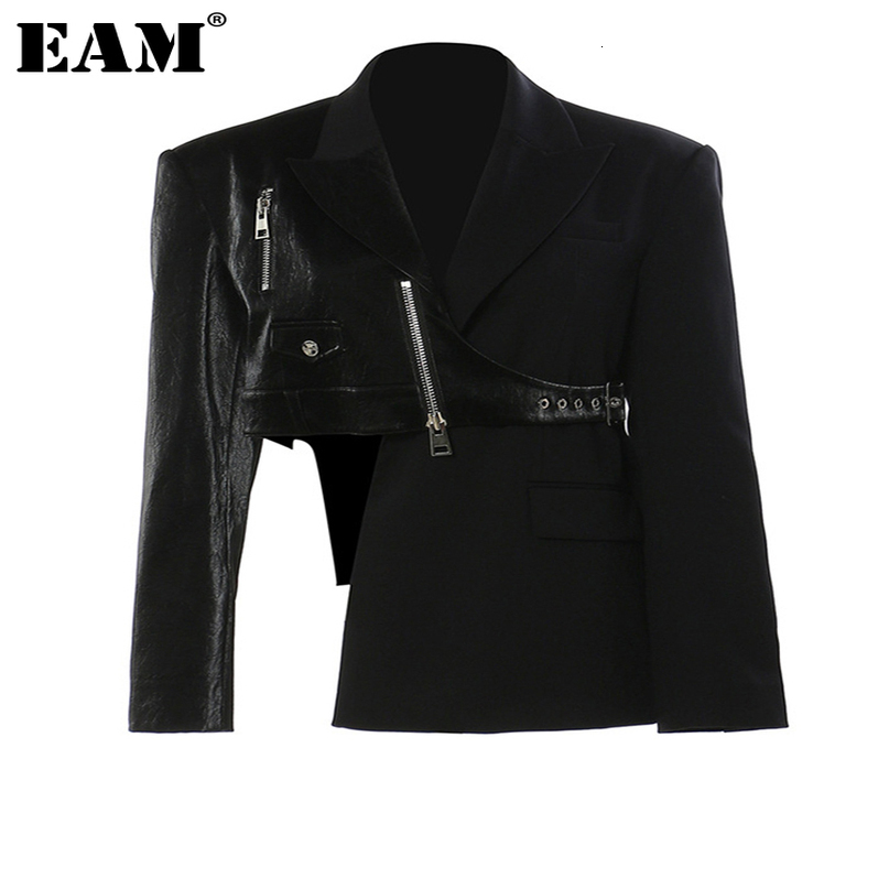 EAM Women Black Irregular Pu Leather Blazer Lapel Long Sleeve Loose Fit Jacket Fashion Spring Autumn 2026 17A76 261019