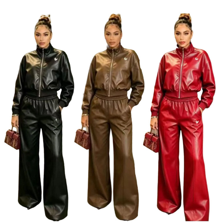 Autumn winter women's embroidery casual Tracksuits PU leather stand collar zipper short jacket high waist wide leg two-piece set motorcycle spo