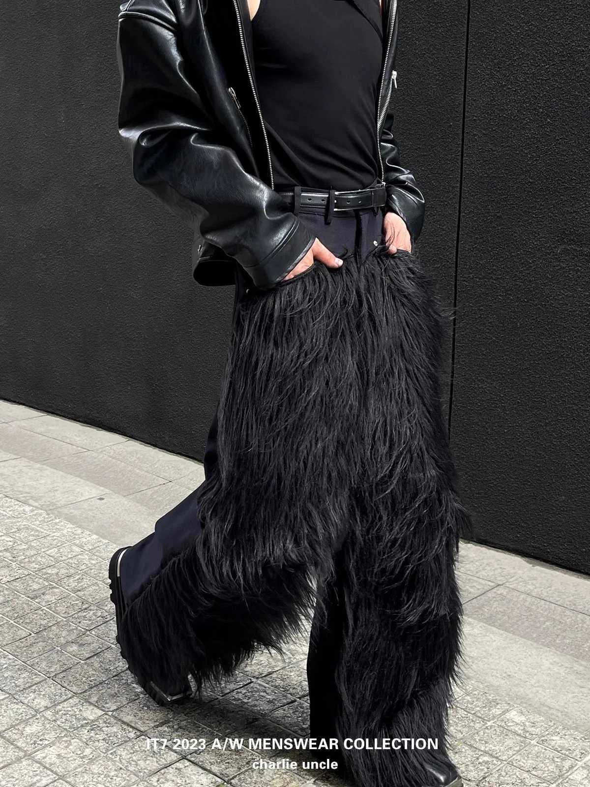 Mauroicardi Autumn Winter Long Black Thick Warm Hairy Shaggy Faux Fur Wide Leg Pants for Mens Luxury Designer Clothes Streetwear T261019