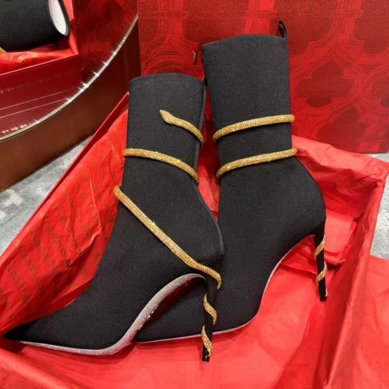 Best Quality Ankle Wraparoun Fashion Boots Rhinestone Pointed Toe Stiletto Heels knitted Sock Boots Women's Luxury Designer Factory Shoes Size