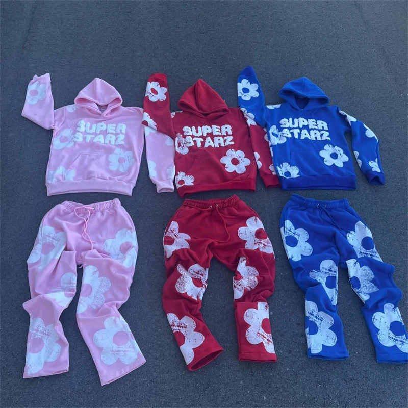 American Winter Couple Y2k Hooded 2 Piece Sets Print Coats Drawstring Pants Long Sleeve Sportswear Oversized Casual Suits 261019