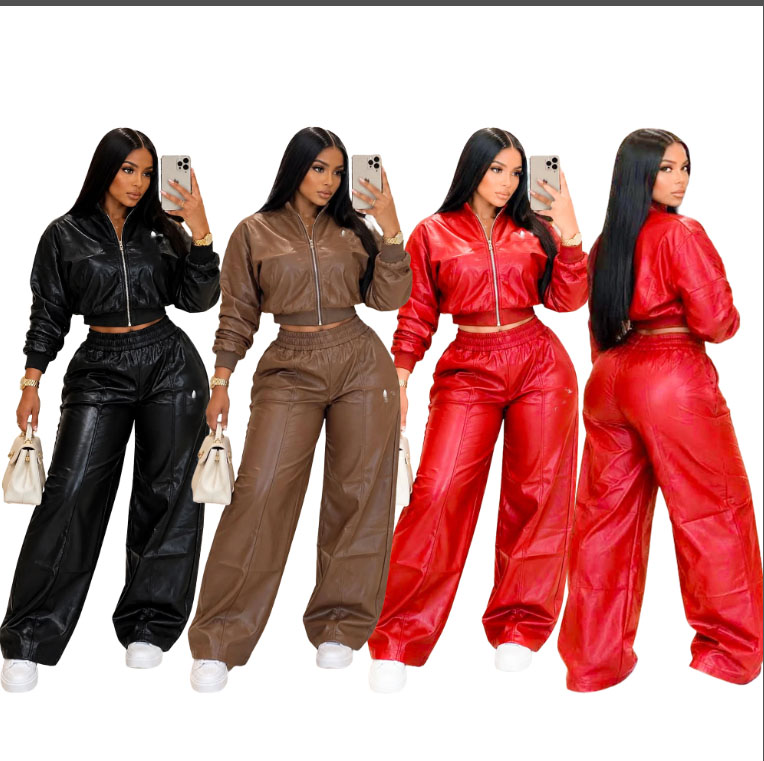 Autumn winter PU leather Tracksuit women's embroidery casual Track suits stand collar zipper short jacket high waist wide leg two-piece set mot