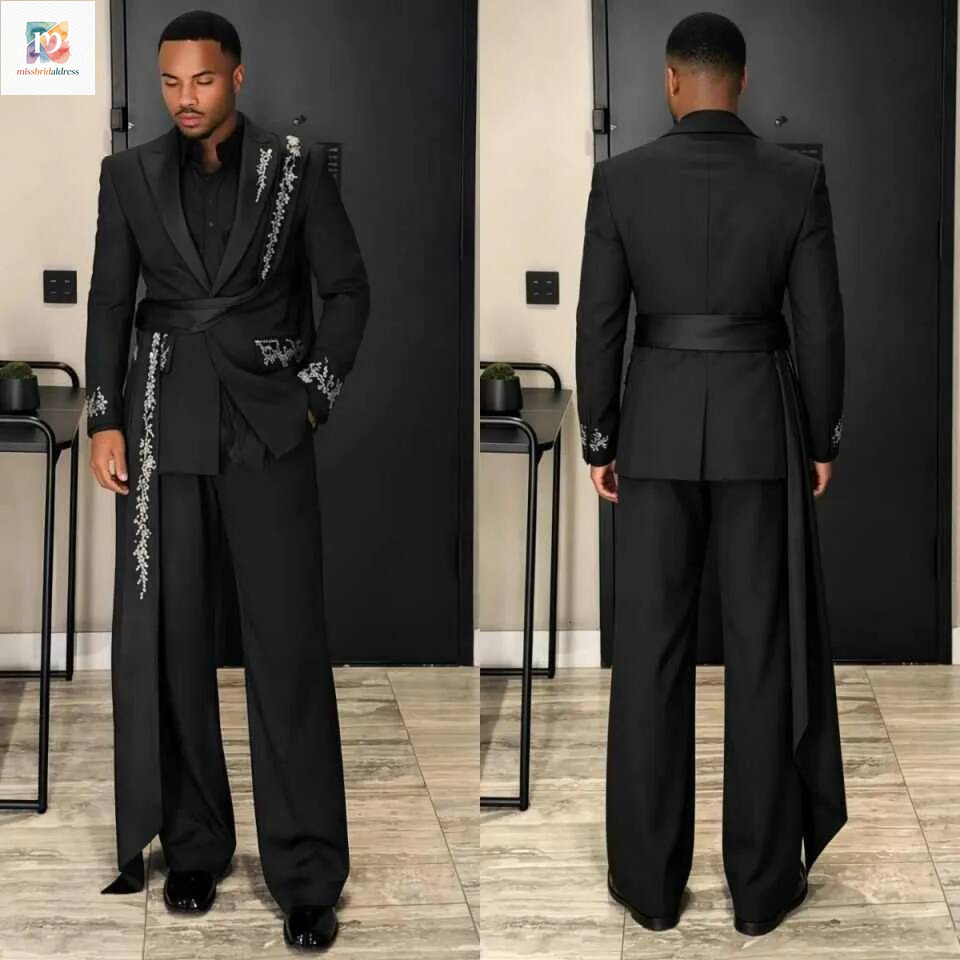 Black Man Tuxedos With Cap 2 Pieces Classic Fit Crystal Groom Trousers Suits Male Wedding Birthday Party Guest Wear Customized Mb019