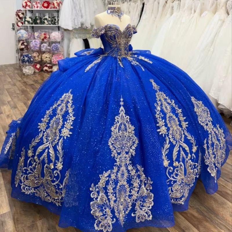 Royal Blue Glitter Quinceanera Dresses Off Shoulder Ball Gown Sweet 16 Dress Sequin Applique Beading Crystal Bow Tull Long Tail Party Birthday vesti