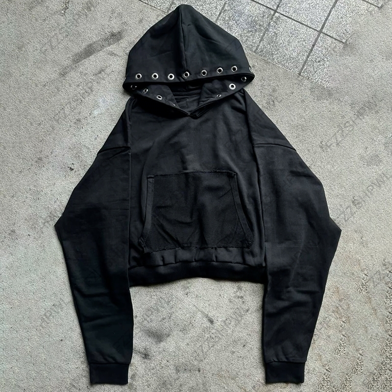 Pore decoration Hip Hop Y2K Hooded sweatshirt Solid color Punk Pullover Rock Goth Oversized Zipper Hoodie sweatshirt Streetwear 261010