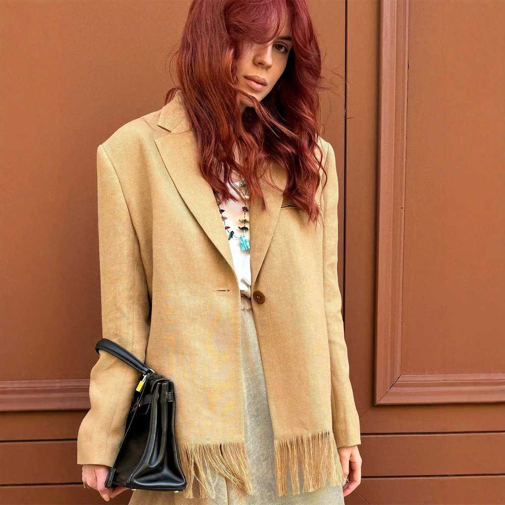 Designer Womens Camel Fringe Blazer Tassel Hem Single Button Suit Jacket Luxury Office Casual Coat Outwear Retro Single-Button Jacket with Lapel and
