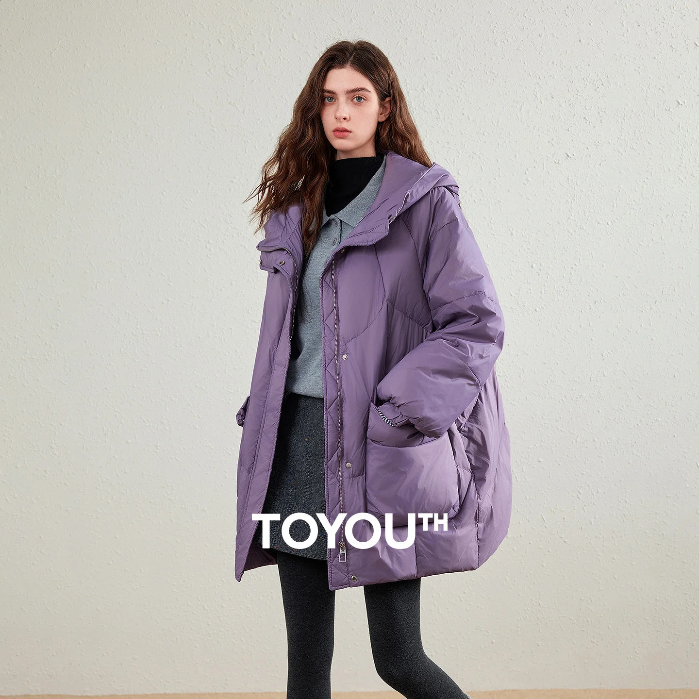 TOYOUTH Womens Down Jacket 2026 Winter 90 White Duck Down Purple Hooded Large Pocket Warm Long Outerwear 261014
