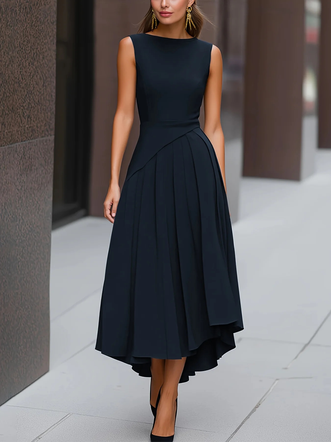 Spring/Summer Elegant Women's Sleeveless Asymmetric Pleated Dress Slimming Round Neck Solid Color Midi-Length Office Wear 261014