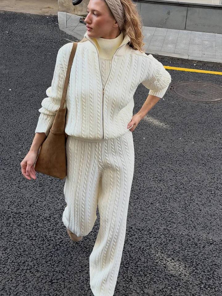Wolfeel Series New High Neck Cardigan With Casual Pants Fashion Two-Piece Set For Women's Autumn And Winter Knitted Suit Mdng261019