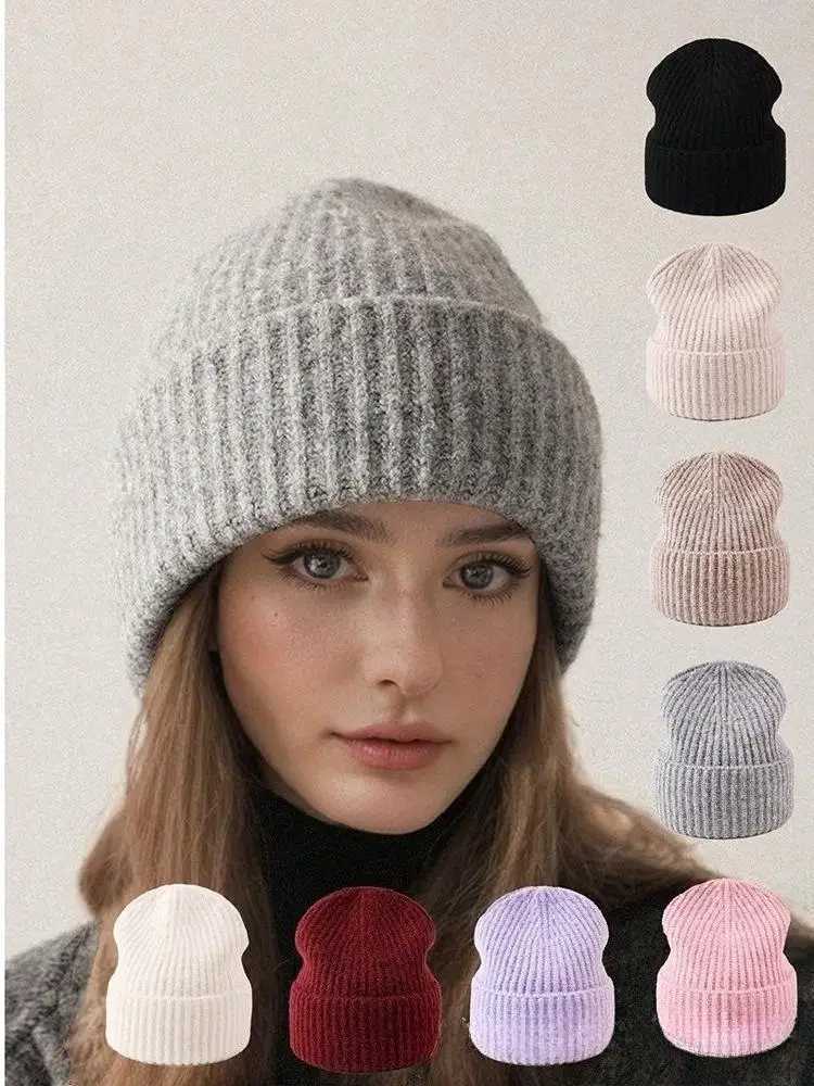Beanie/Skull Caps Solid Color Plain Knit Hat in Stock Simple and Versatile Warm Woolen Hat for Large Head Circumference Cold Weather Hat Q261017