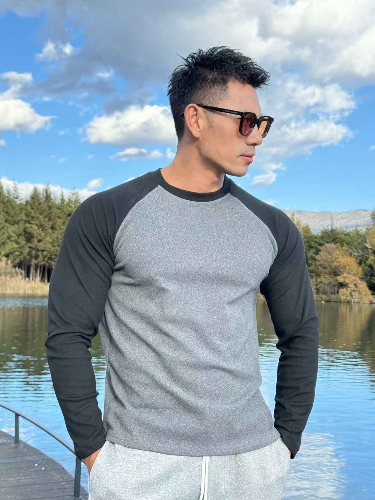 American-style half-zip, stand-up collar, long-sleeve T-shirt men, suitable for spring autumn, slim fit, athletic, high-elasticity, quick-drying, an