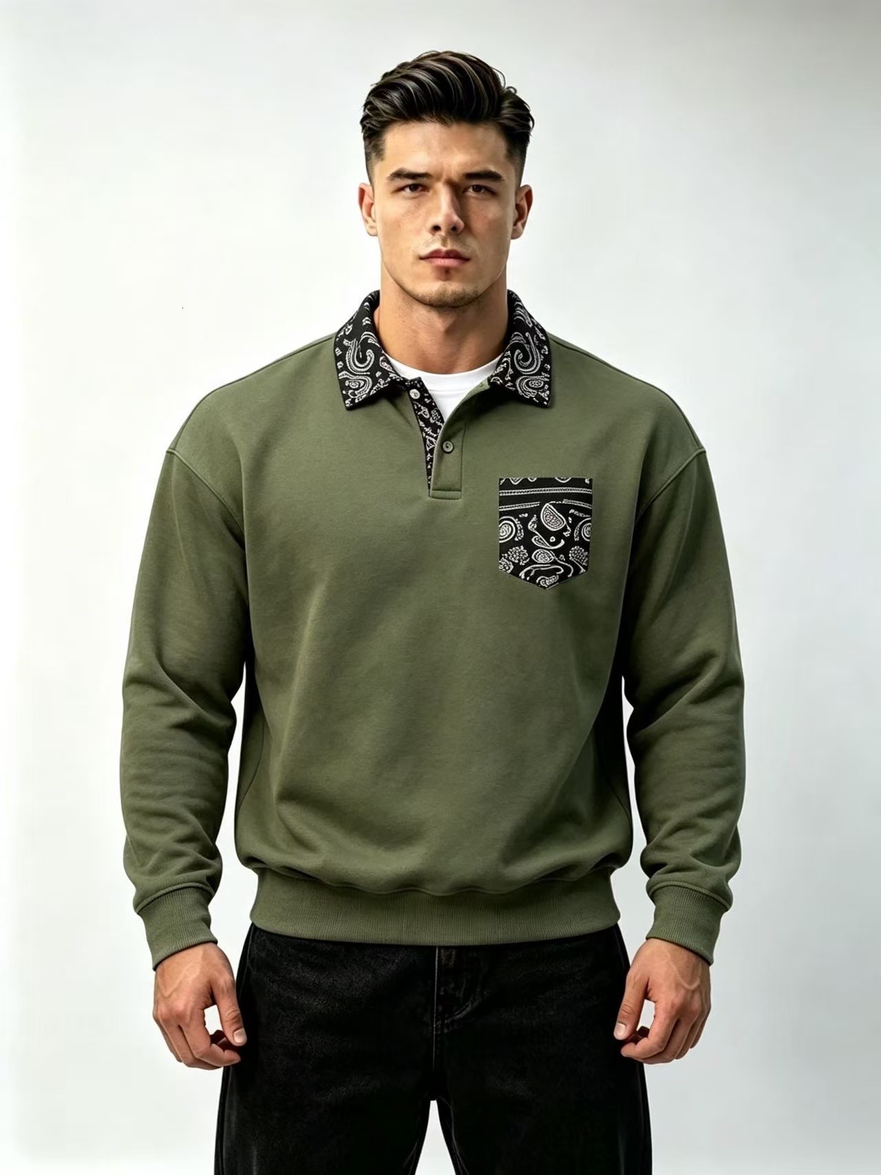 Autumn Men's Textured Jacquard Polo Shirt, American Retro Casual Solid Color Long Sleeve Top