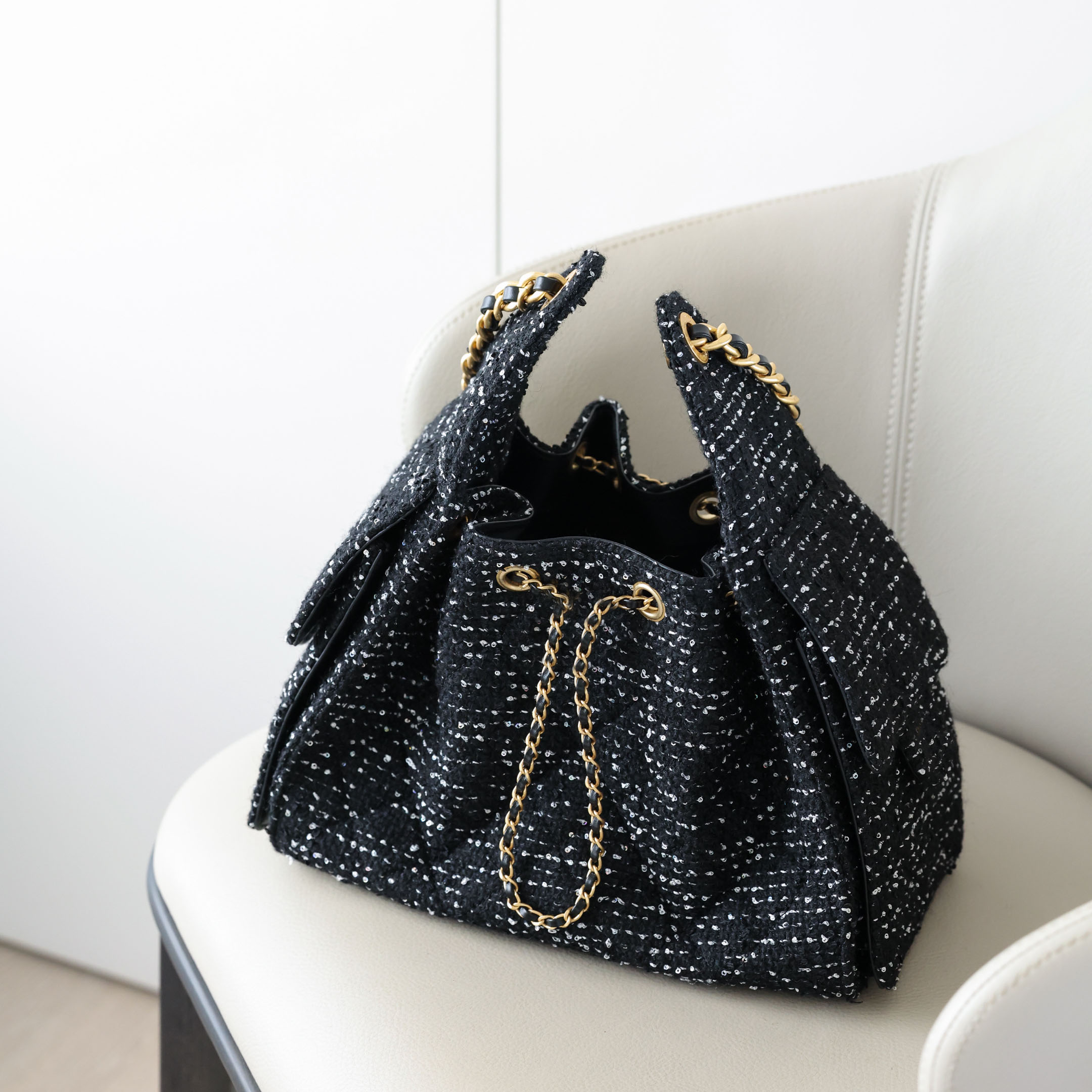 Designer Bag Tweed Drawstring Bucket Bag 25 Series, Women Chain Shoulder Handbag for Daily Outfit Work Shopping Party Travel Cosmetic Bag, Luxury De
