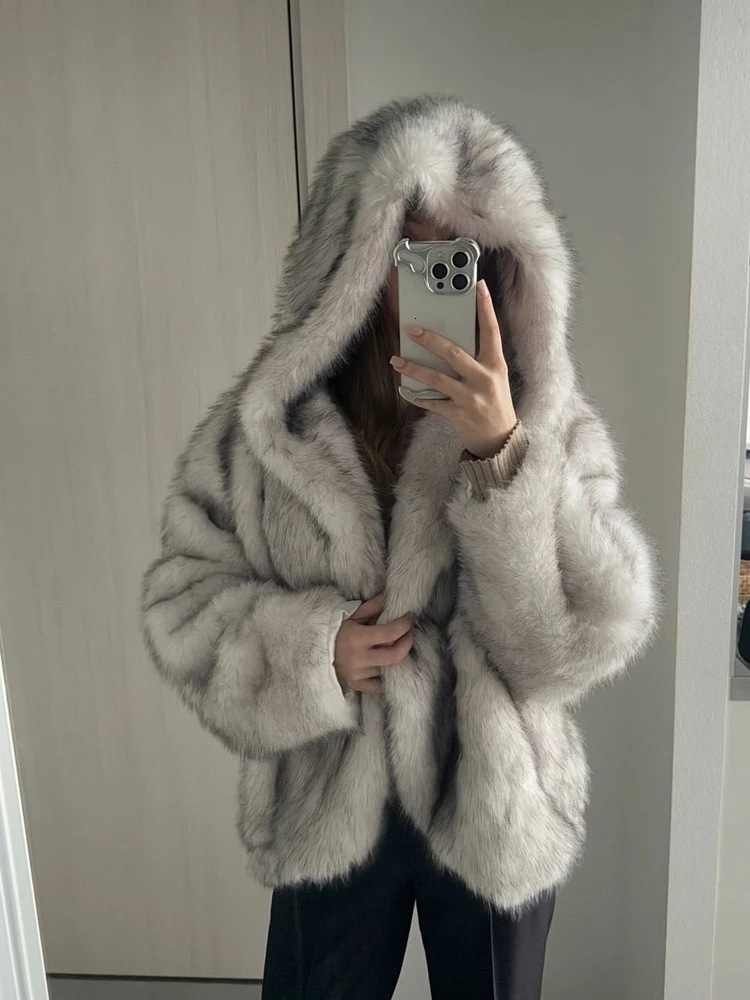 Big Fur Collar Warm Coat Faux Fur Jacket Cross-Border Plush Faux Hooded European American Autumn And Winter Thickened Fox Fur Coat, Furry Jacket