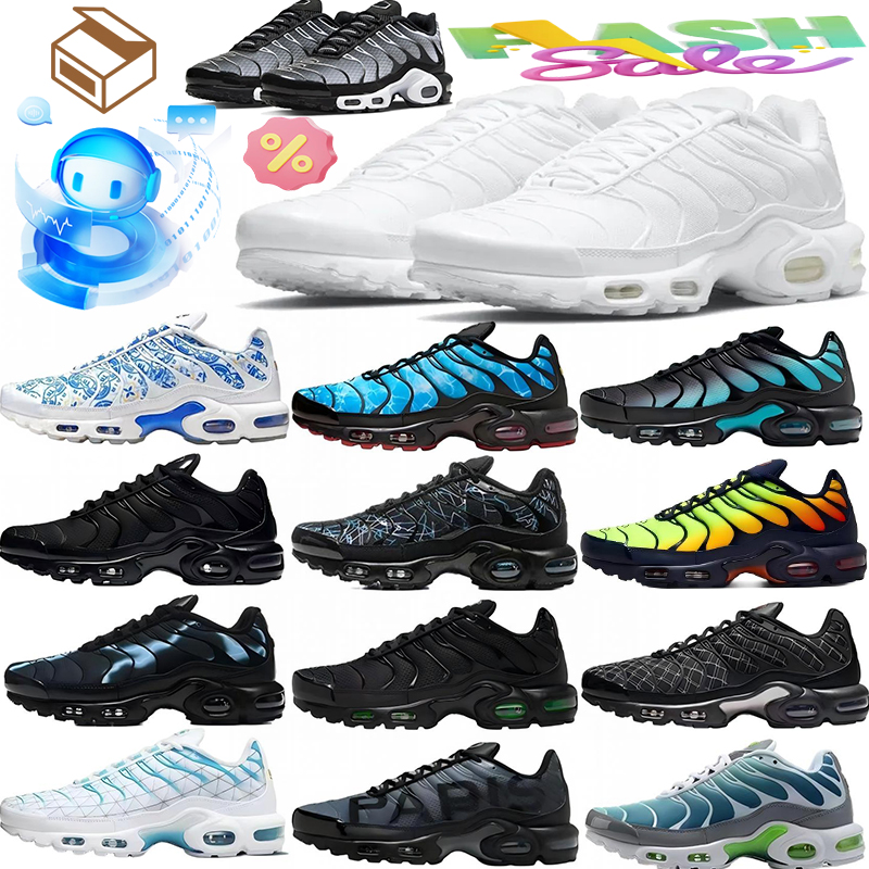 Designer Plus size Running shoes Men tn White Cushion Sneakers Wave Texture Retro Breathable Mesh Lining Casual Street Footwear Anti Slip Daily Trai