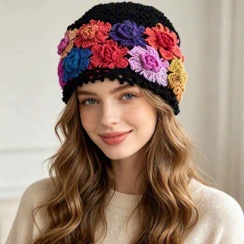 Women Hand Crochet Floral Beanie 3D Colorful Rose Knit Vintage Hollow Out Soft Warm Skull Cap Bohemian Outdoor Daily Hat J260511