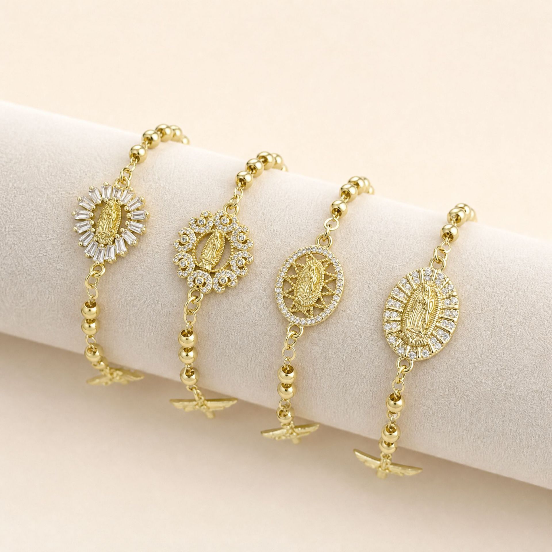 Gold Plated Cross CZ Beaded Chain Bracelet, Hypoallergenic Copper Women Luxury Hand Jewelry