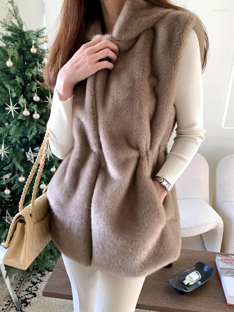 Women's Autumn Winter Korean Style Hooded Sleeveless Faux Fur Vest Outwear Lady Elegant Mink Hair Slim Waist Jacket
