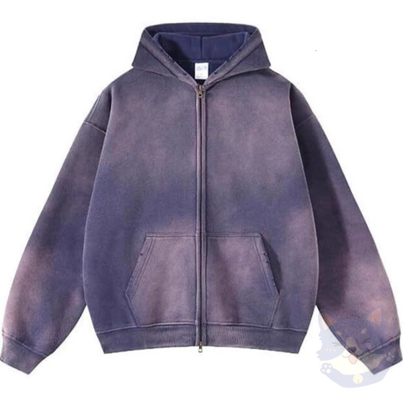 Up Hoodie Men Women Vintage Spray Washed Pink Hooded Jacket Oversized Loose Distressed High Street Couple Sweatshirt Full Zip Long Sleeve Casual Out