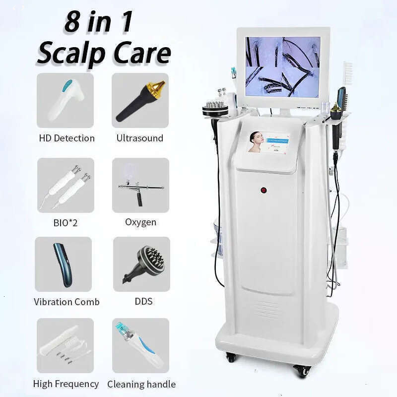 Newest Hair Regrowth Follicle Detection Anti-Hair Loss Treatment Machine 8 In 1 Physiotherapy Vibration Microcurrent Scalp Massage + Dermabrasion Ma