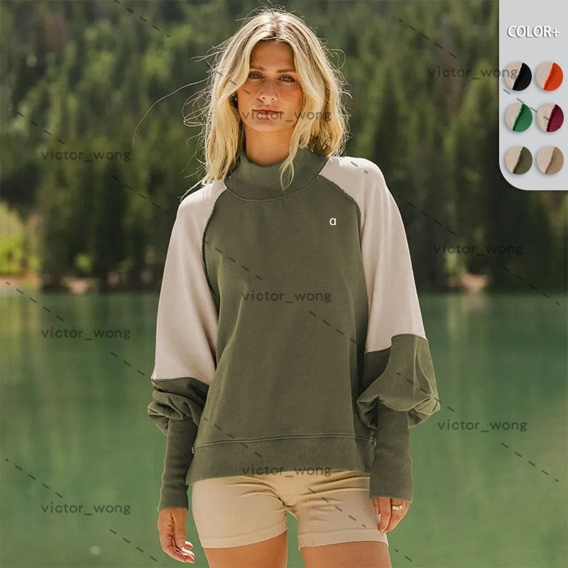A625 Designer Women Color Block Raglan Sweatshirt High Neck Loose Long Sleeve Pullover Casual Tops