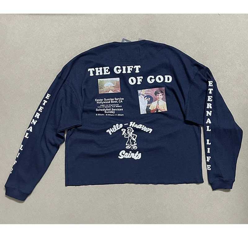 Vintage Dark Blue Slogan Pattern Graffiti Paly Eternal Life Long Sleeve T Shirt Comfortable Waffle Fabric T-Shirt Loose Tee Tag T261019