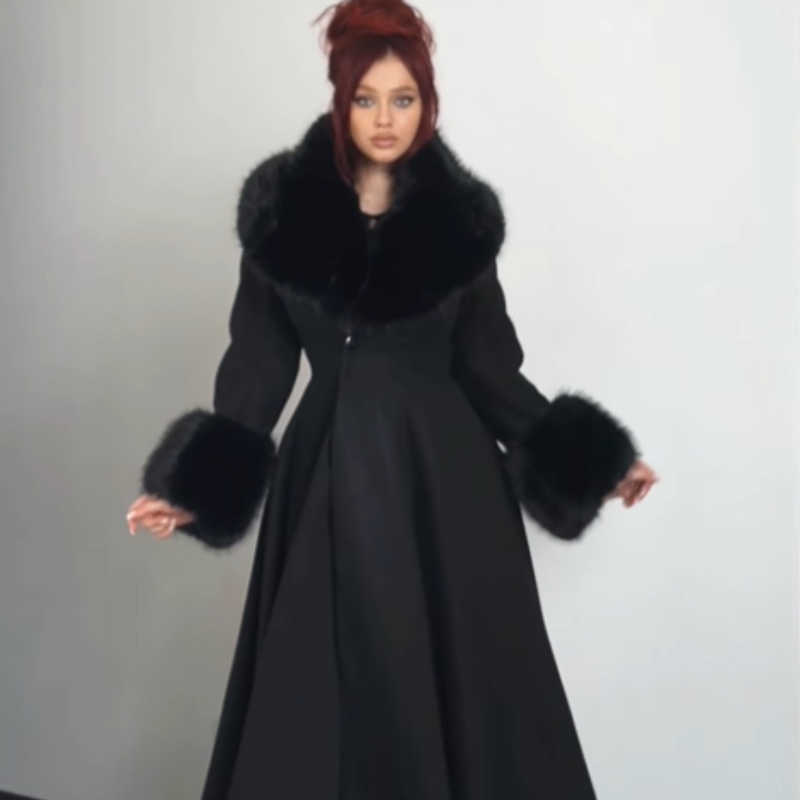 Fur Women Trim Long Wool Coat Big Fur Collar Cuffs Waist Flared Dress Coat Dating Outerwear S261016LTNH