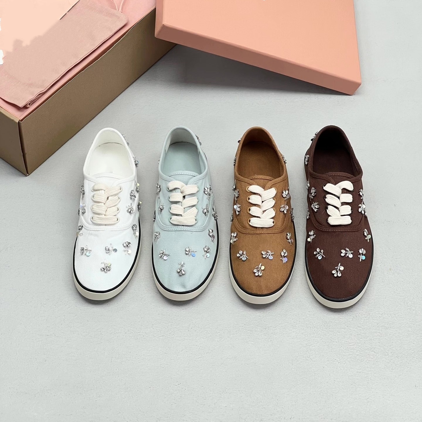 Crystal Designer Luxury Brown Rhinestone Embroidery Casual Low Top Sneaker Lace Shoe Rubber Sole Fashion Womens Comfort Quality Modern Stylish Red B