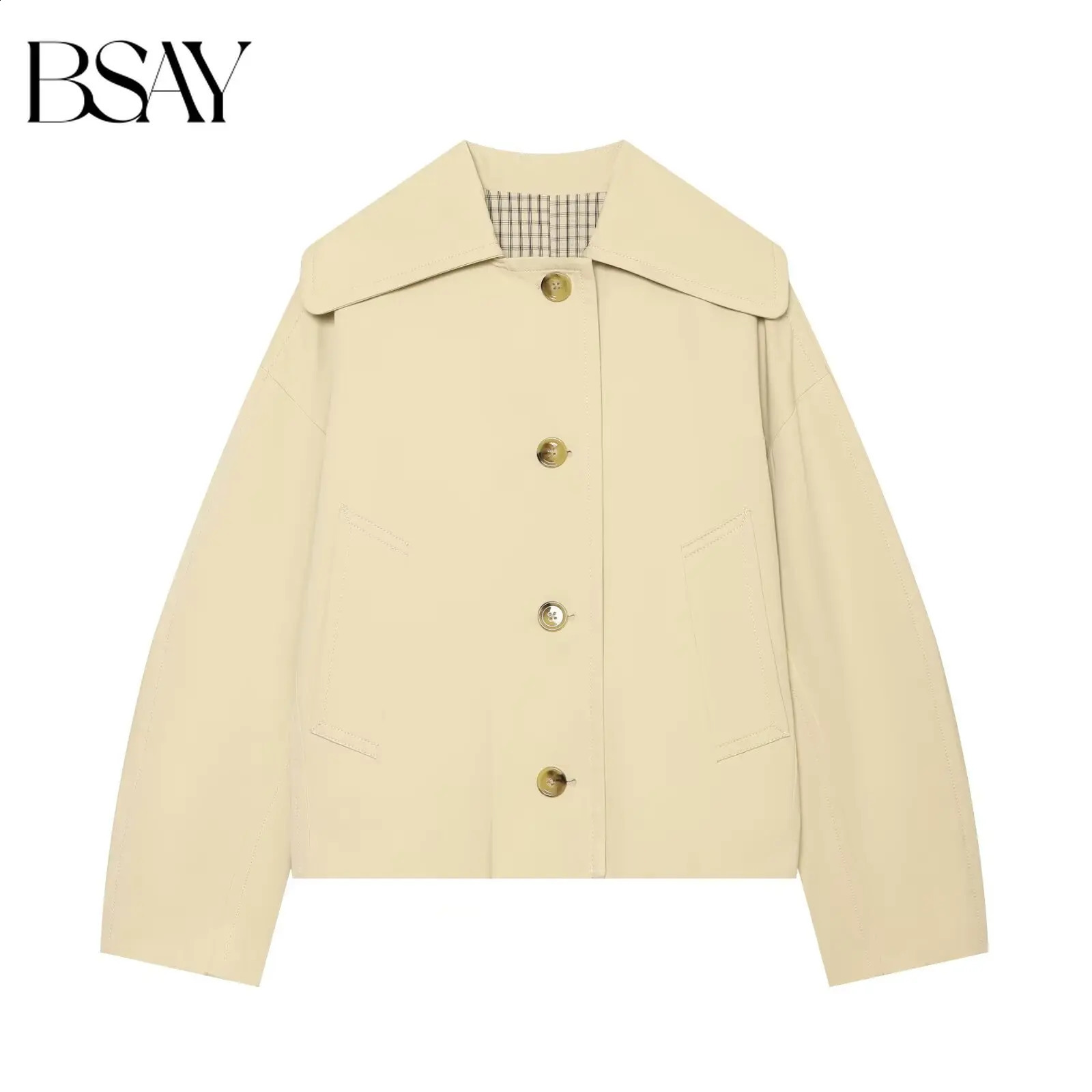 BSAY British Style Women Cropped Trench Coat Wide Lapel Single Breasted Button Front Loose Long Sleeve Lined Casual Outerwear 260922