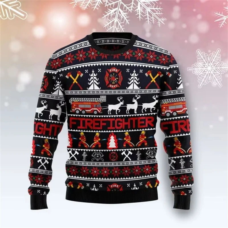 Fashion Fireghiter Graphic Sweatshirt Cartoon Fire Truck Kids Ugly Christmas Sweater Casual Loose Pullovers Xmas Mens Clothing 261019