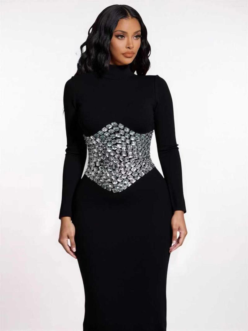 Cross-Border Foreign Trade Luxury Waist-Cinching Diamond Embellished Bodycon Black High-Neck Bandage Dress Fashionable Party