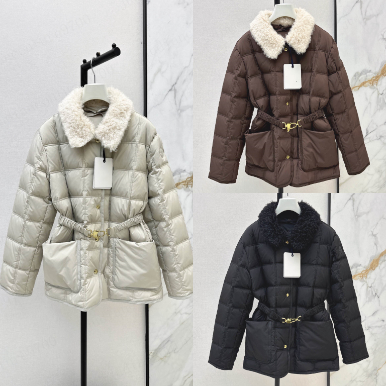 Womens winter coat Quilted Mon cleey puffer jacket detachable fur collar Waist Belted Sleeve with Brand Logo Large Pockets Casual Outerwear Fashion
