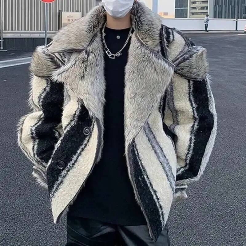 PFHQ Fashion Men's Coat Male Fur Jackets Stripe Printing Lapel Plush Thickened Reversible Wear Winter 2026 9C4108 260924
