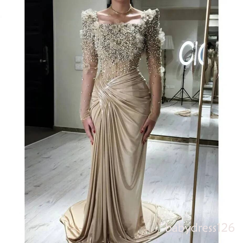2026 Elegant Champagne Mermaid Evening Dresses Crystals Beads Long Slves Formal Occasion Gowns With 3D Floral Appliques Pleats Celebrity Mother Dres