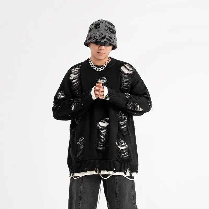Y2K Sweater Vintage Distressed Unisex Hole Fake Two Layer Pullover Punk Strtwear High Strt Loose Winter Top for Men Women M261016