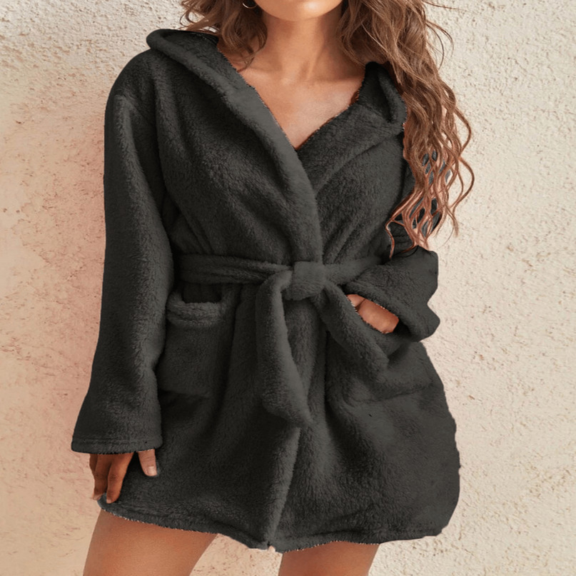 1 piece of womens solid color hooded robe with belt cozy and warm fleece pajamas for home wear in autumn winter 261019
