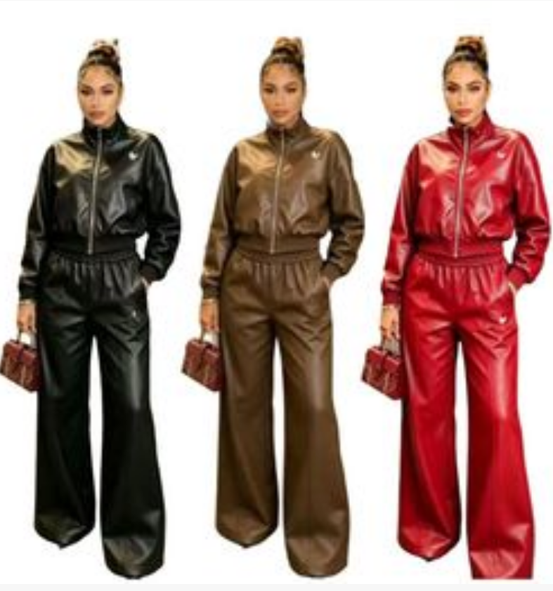 Autumn winter women's embroidery casual Tracksuits PU leather stand collar zipper short jacket high waist wide leg two-piece set motorcycle spo