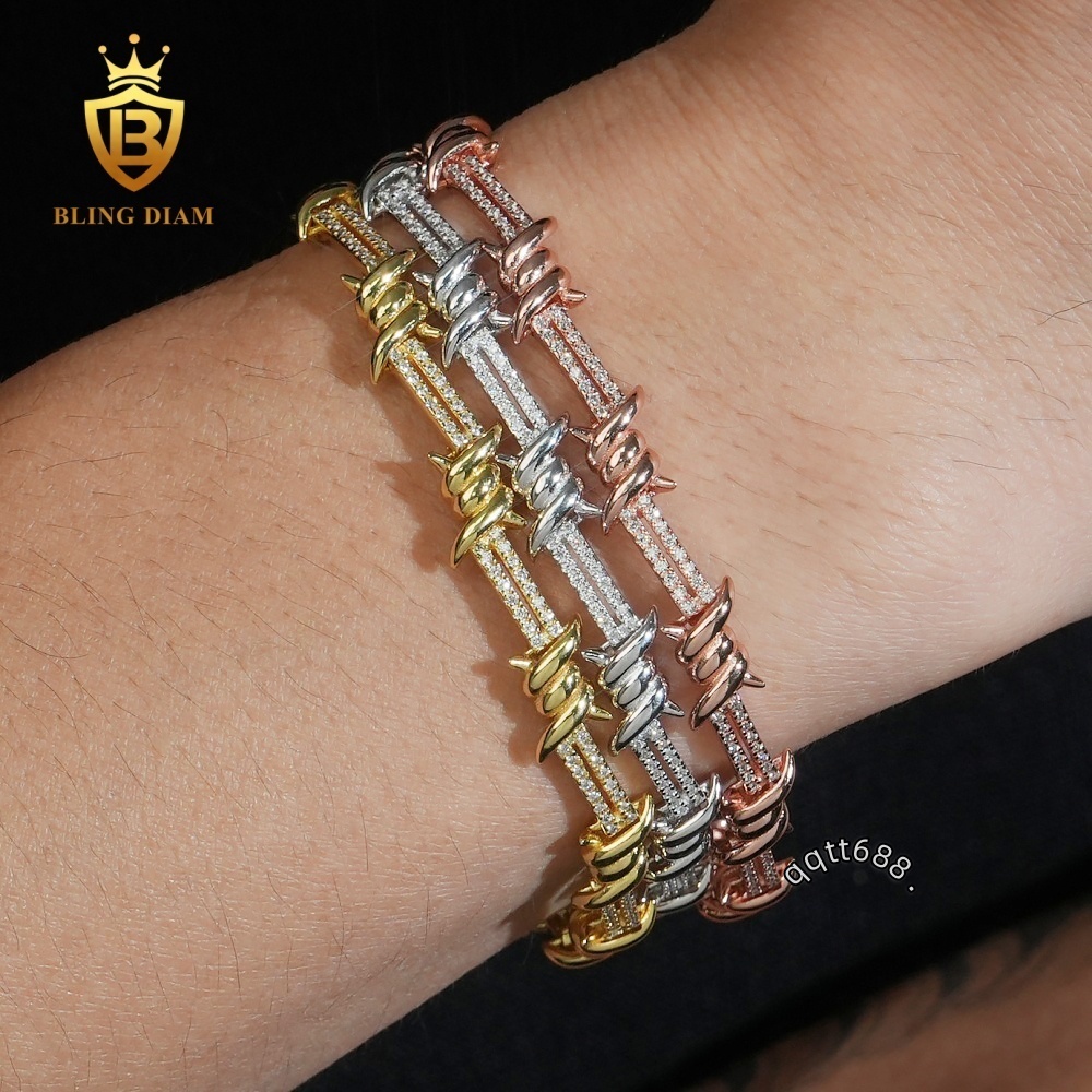 High Quality Pass Diamond Tester 925 Sterling Silver 65MM VVS Iced Out Moissanite Diamond Wire Barber Bracelet for Men