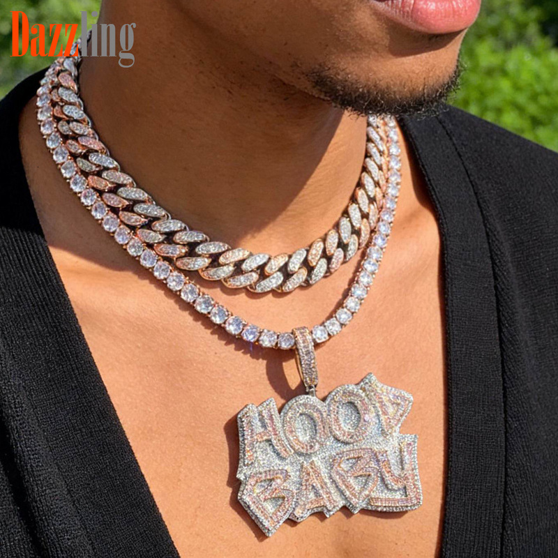 hip-hop pendant HOOD BABY letter pendant, fashionable and unique 925 Sterling Silver two-tone zircon wholesale