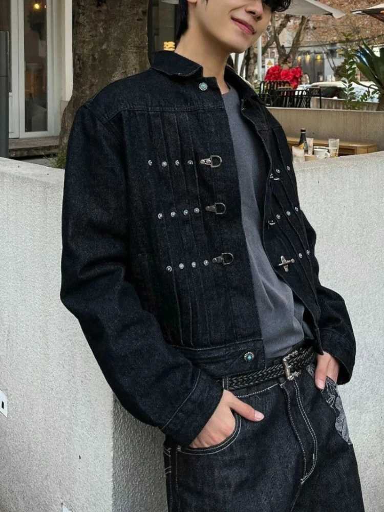 Men's Vintage Denim Jacket Short Cargo Style with Pleated Aircraft - Buckle Design Streetwear American Retro Cowboy Jacket T261019
