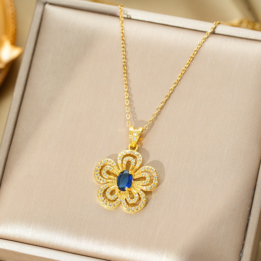 Luxury Brand Designer Jewelry Steel Light Luxury Iris Flower Imitation Ruby Necklace, Gold-Plated, Non-Fading, Versatile, Fashionable, Elegant Set F