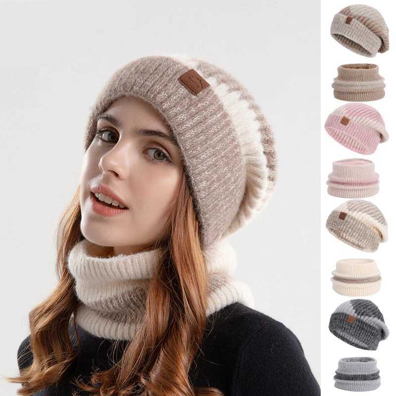 Beanie/Skull Caps 2PCS Winter Warm Women's Woolen Beanie Scarf Thick Warm Two-piece Ear Protection Bonnets Scarf Outdoor Skiing Angora Knitted